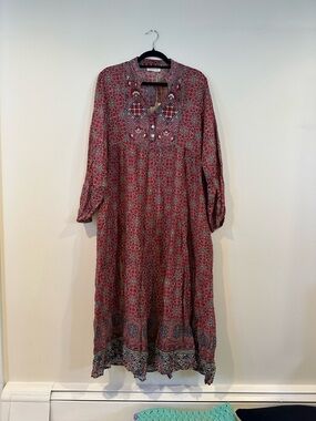Embroidered Red Floral Long-Sleeve Maxi Dress